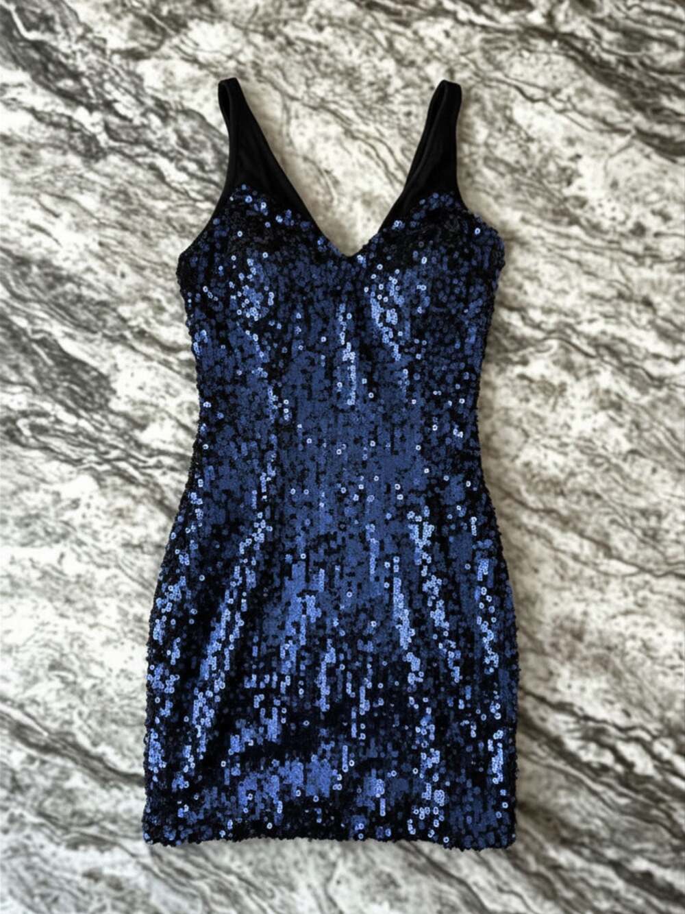 GUESS | navy blue V-neck bodycon dress | sequins & mesh straps